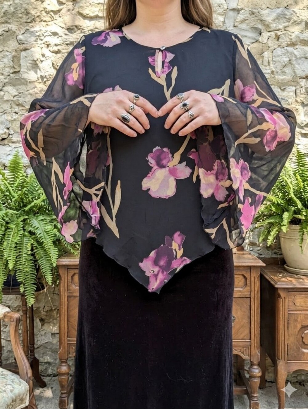 Vintage 90s Edward Floral Silk Blouse Size M Whimsigoth Bell Sleeves Witchy Fest
